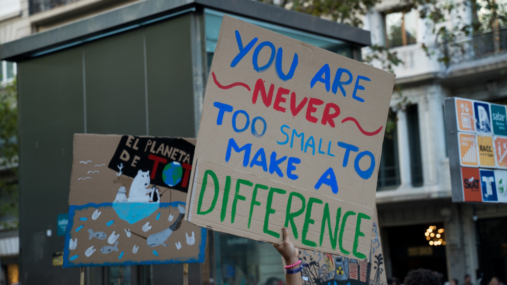 Young people march for intergenerational justice at the climate strike demonstration on 27 September 2019 in Barcelona