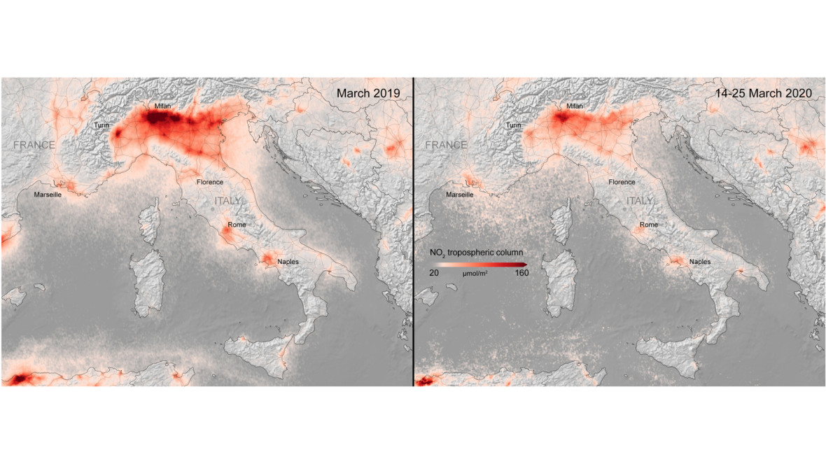 Stickstoffdioxid-Konzentrationen über Italien vom 14. bis 25. März 2020, verglichen mit den monatlichen Durchschnittskonzentrationen von 2019.